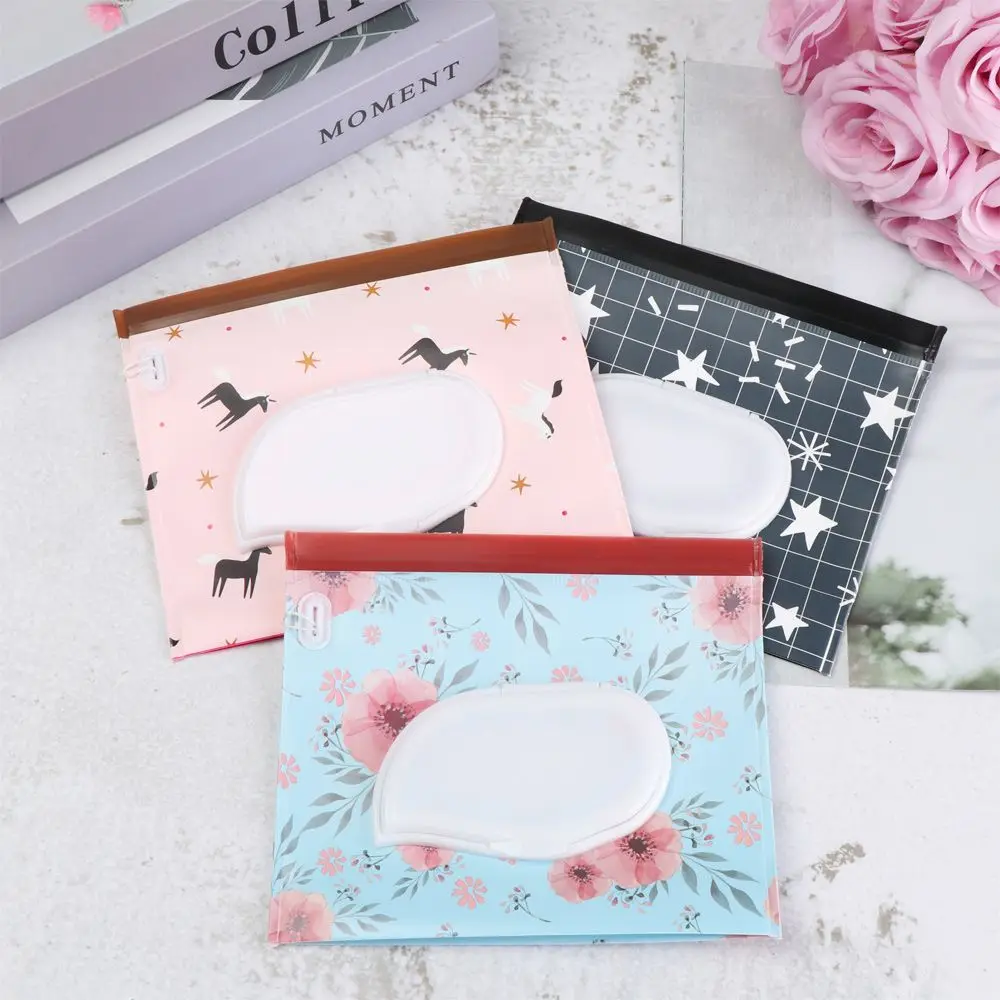 Cute Baby Product Flip Cover Snap-Strap Carrying Case Tissue Box Cosmetic Pouch Stroller Accessories Wet Wipes Bag