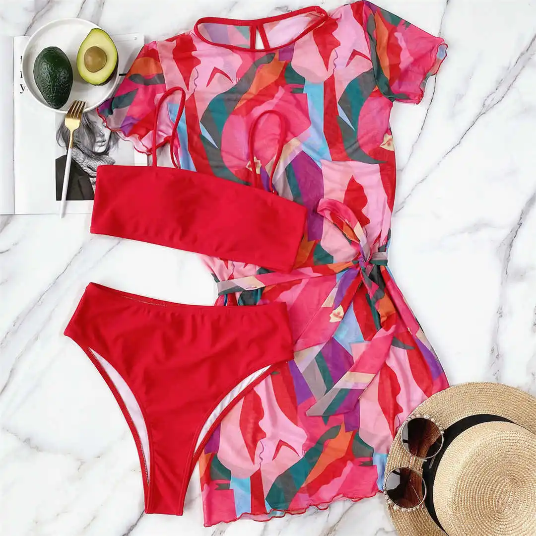 Sexy bedruckter Bikini mit hoher Taille, Damen-Badebekleidung, dreiteiliges Bikini-Set mit Kleid, Badeanzug, Badebekleidung, Schwimmbekleidung V2808 – Detail 12