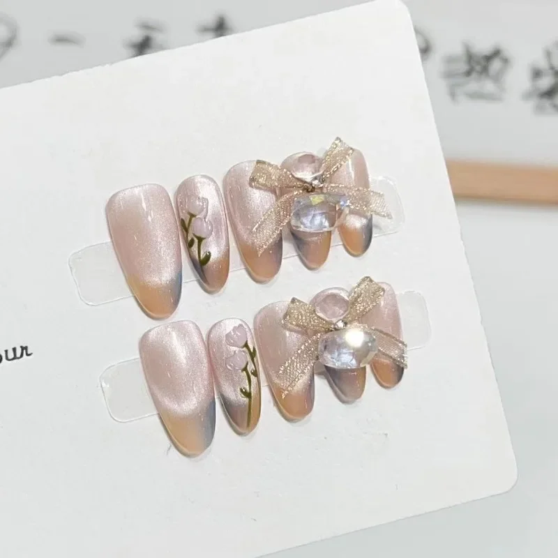 10Pcs /Set Full Cover False Nails Press on Nails Fake Nails Diy Pure Handmade Removable Glass Cat Eye Matching French Tulip Bow