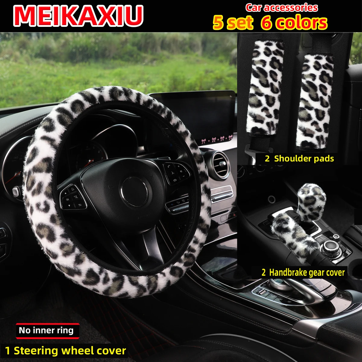 5-teiliges Set: Lenkradabdeckung mit Leopardenmuster, ohne Innenring, Schulterabdeckung, Schalthebelabdeckung, Auto-Dekoration für Damen – Detail 9