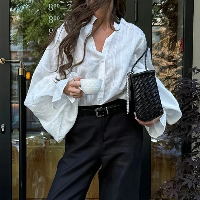 

Women's Clothing 2025 Summer Sweet And Fresh Loose Oversized Stand Up Collar Lantern Sleeves Long Sleeved Shirt Women's Top