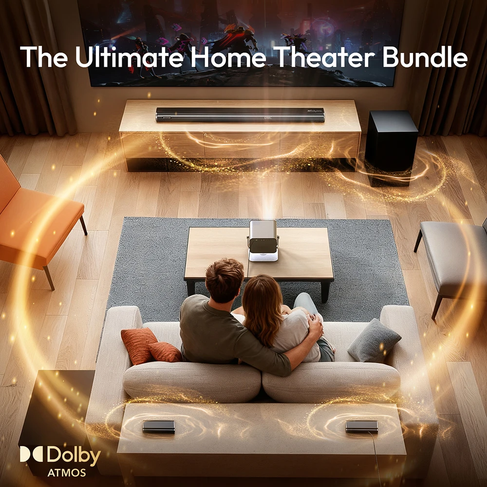 حزمة جهاز عرض المسرح المنزلي BYINTEK، جهاز عرض 2200 Ansi Lumens 4K 1080P مع 100 شاشة وفيلم ساوندو الخارجي