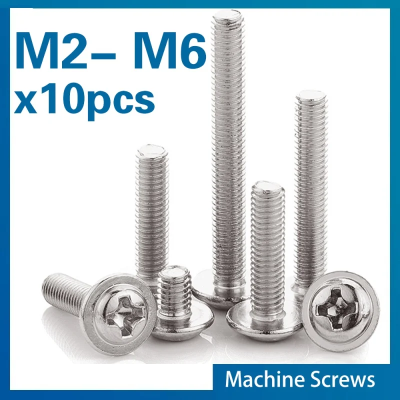 10pcs/lot A2-70 Stainless Steel PWM Phillips Pan Round Truss Head With Washer Collar Screw Bolt M2 M2.5 M3 M 4M5 DIN967