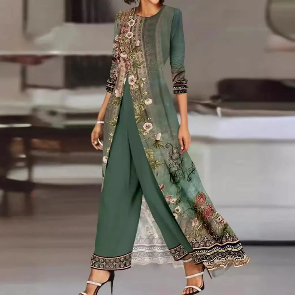 Feminino de duas peças verde esmeralda manga longa impresso macacão vestido estilo europeu americano em torno do pescoço terno