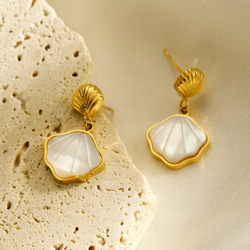 GANPUP 316l Edelstahl Naturstein Muscheln Baumeln Ohrringe Frauen 18k PVD Überzogene Mode Urlaub Schmuck Wasserdicht Geschenk – Detail 6