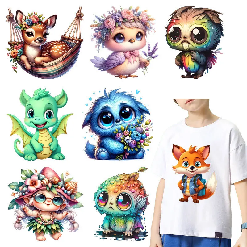 Cartoon Dinosaurs, foxes, pandas Animals Iron On Transfer Vinyl Heat Transfer Thermal Stickers On Clothes Kids Appliques