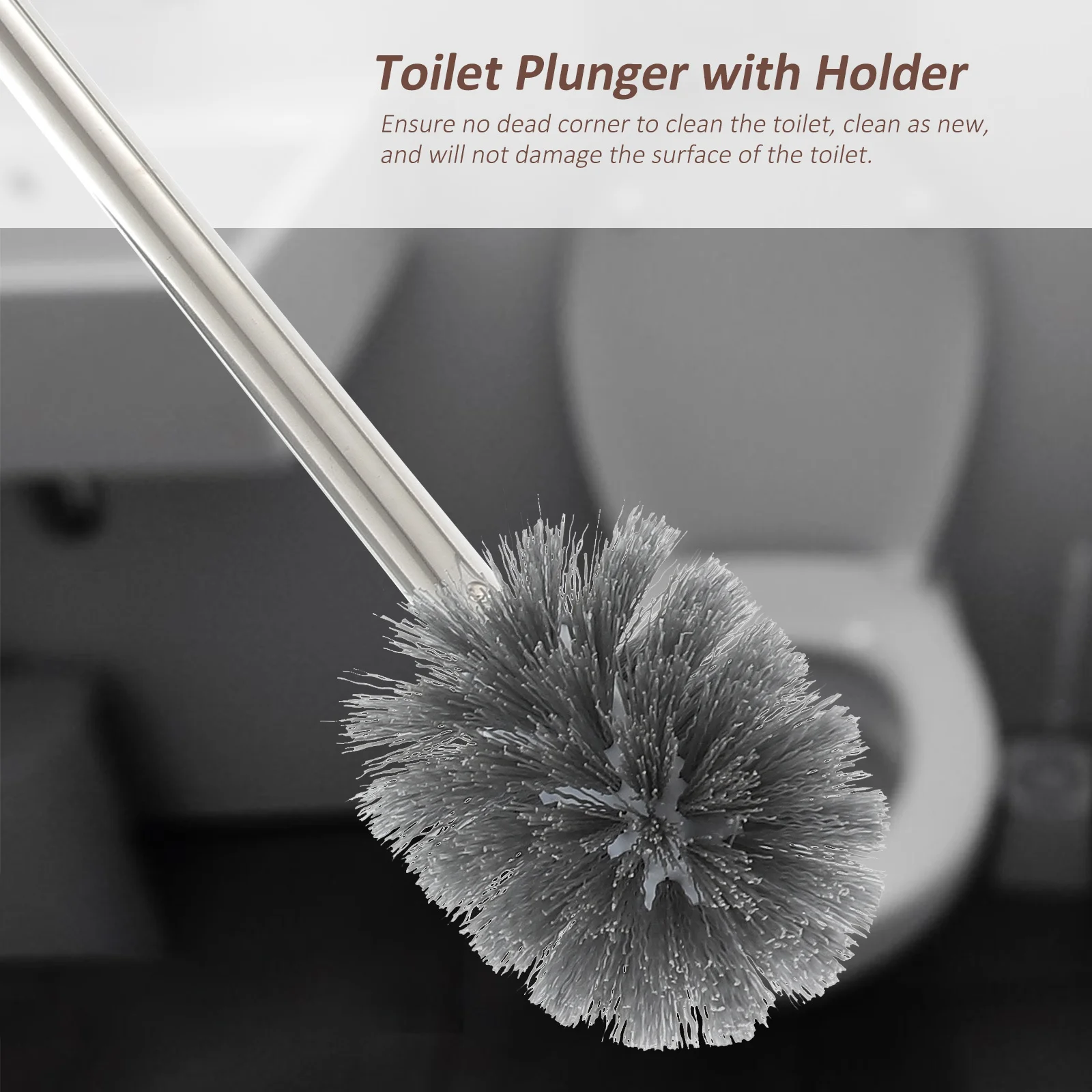 

1Set Bathroom Cleaning Kit Toilet Brush and Plunger with Holder Smooth Handle Scrub Without Scratches Stable Base Light Weight