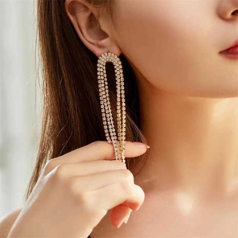 Long Tassel Rhinestone Drop Earrings For Women Shining Crystal Statement Dangle Earrings 2022 Fashion Wedding Jewelry Gift