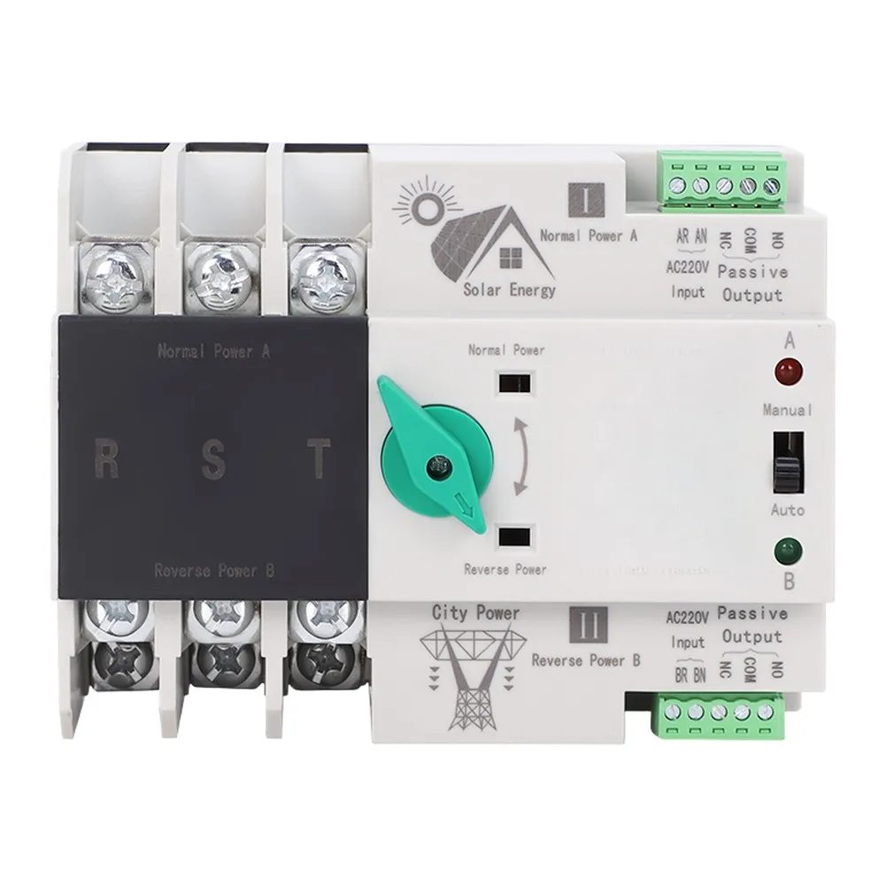 3P 220V Dual Power Transfer Switch For Solar & Main Input, Manual/Auto Control, Uninterrupted Power Supply