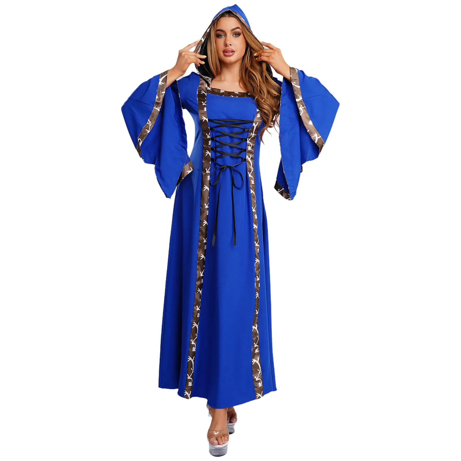Women Halloween Medieval Renaissance Victorian Vampire Witch Cosplay Costume Long Sleeve Lace-up Hooded Gothic Dress Retro Gown