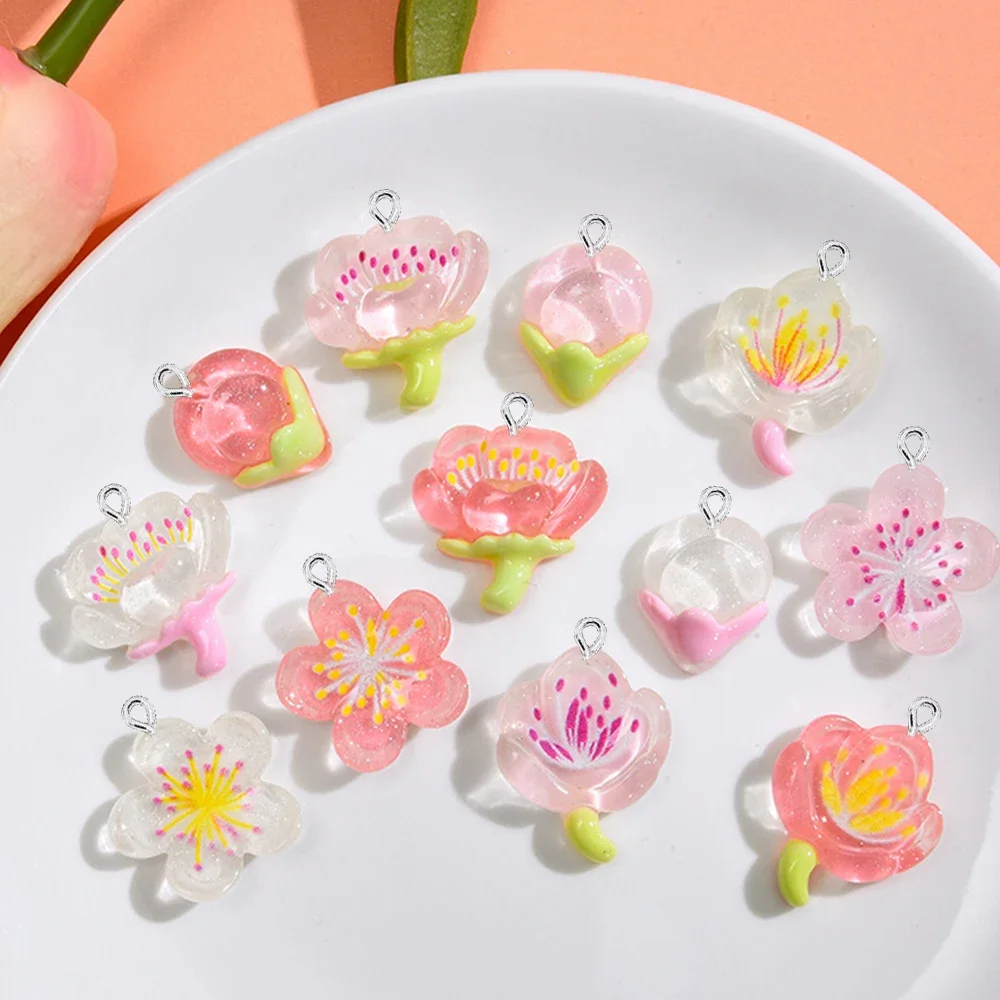 

10PCS Clear Cherry Blossom Series Flat Back Charms For Earrings Bracelet Hairpin DIY Jewelry Pendants Decoration Accessories