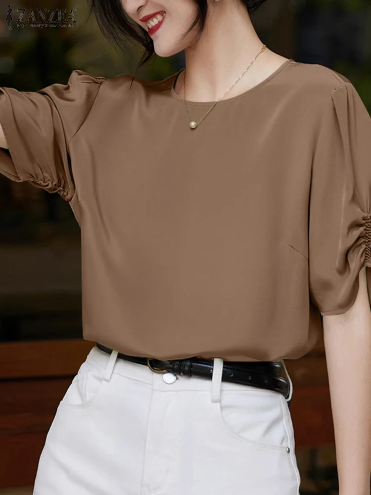 

ZANZEA Elegant Office Lady Blouse Summer Women Short Sleeve Work Shirt Stylish Solid OL Tunic Tops Casual O Neck Blusas Oversize