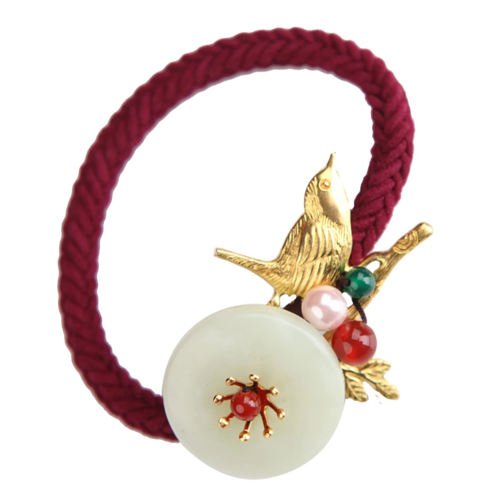 

1pc East Red Agate Pearl Copper Bird Jade Bead Elastic Hair Rope Lightweight Ponytail Holder For Women Simple Hair Tie Headdress