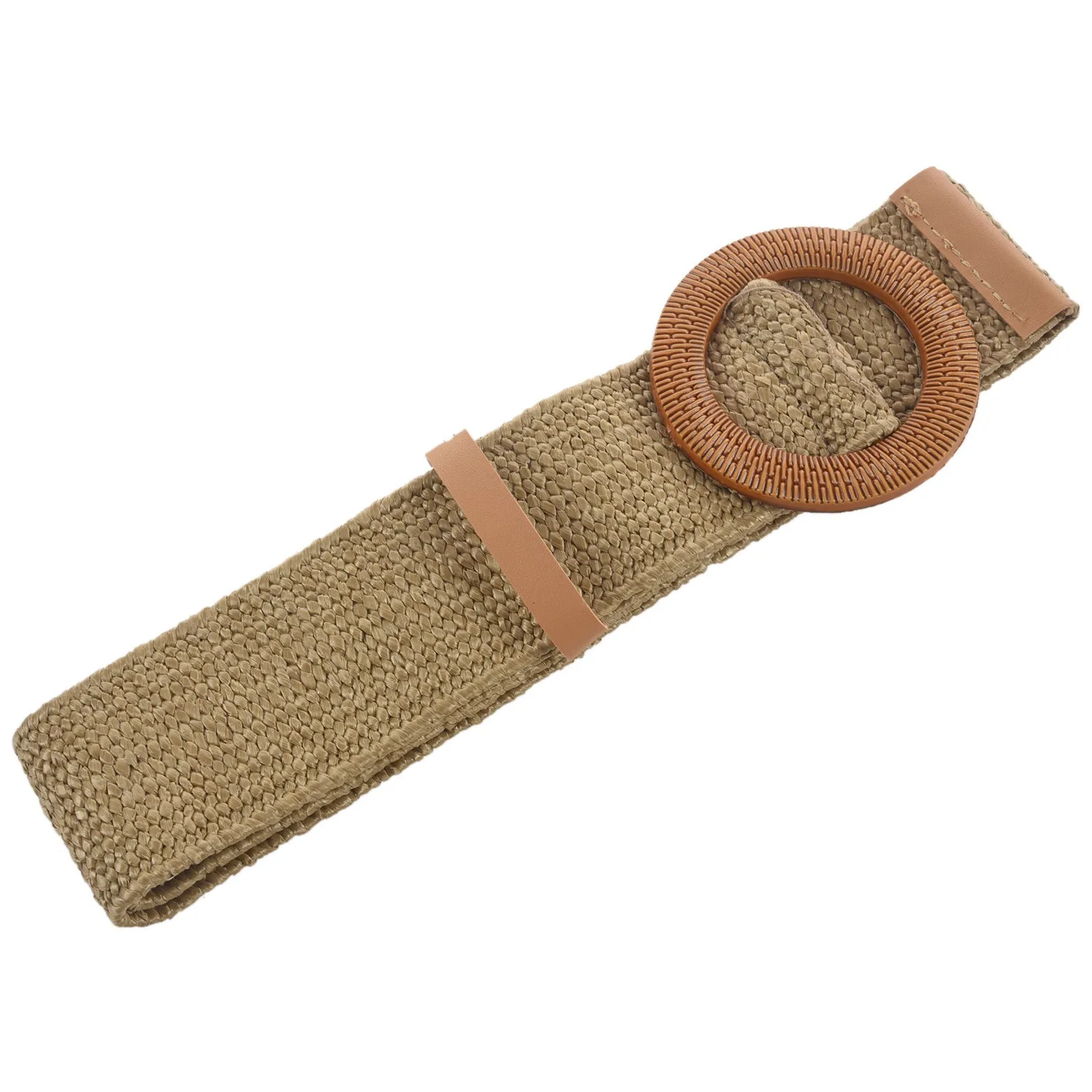 Straw Wide Belt Female Woven Vintage Round Wooden Buckle Decorative Dress Shirt Belt Khaki