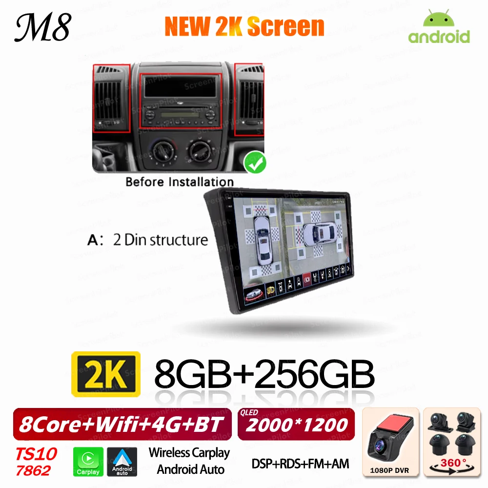 Android 16 voor Fiat Ducato Peugeot Boxer Citroen Jumper 2 2006-2022 Carplay Android Auto 2K QLED Wifi GPS autoradio multimediasysteem 5G