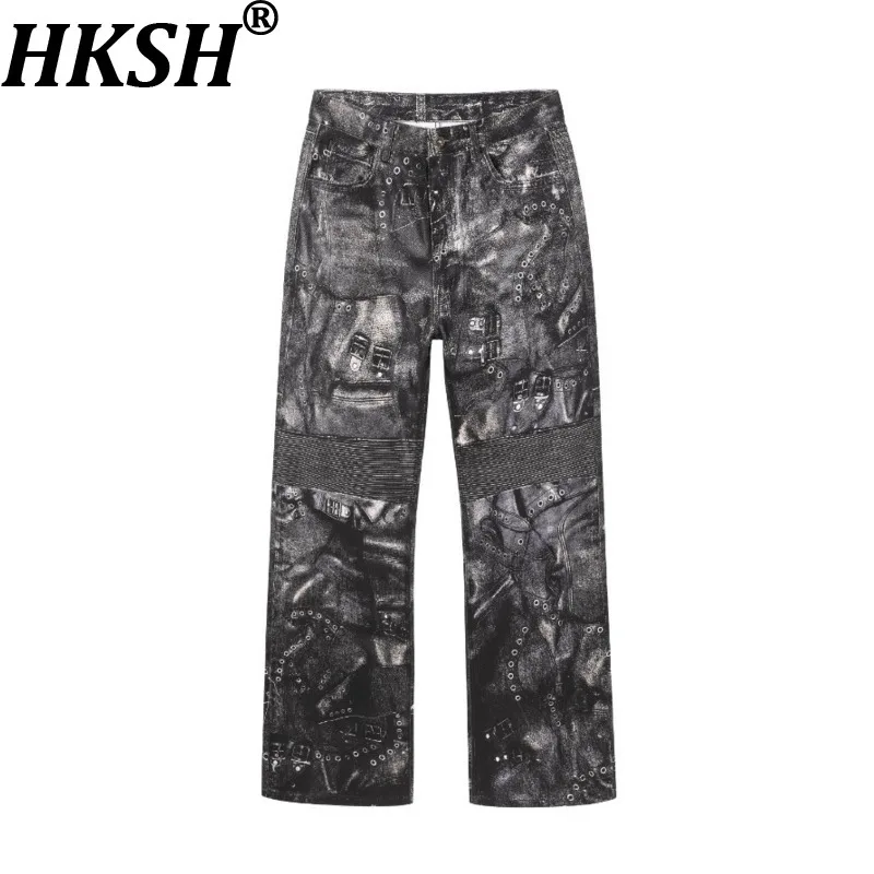 

HKSH весна осень зима новые мужские мотоциклетные брюки в стиле панк с матовым воском цифровые мотоциклетные джинсовые брюки из искусственной кожи HK17718