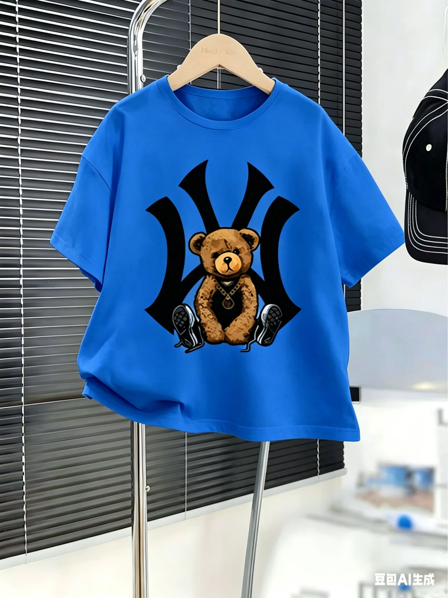 Boy's Short-sleeved Summer Cotton 2026 New Style Yankees Team Cool Little Bear Letter Print Children's T-shirt Family Outfit
