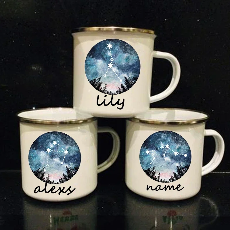 Twelve Constellations Print Custom Name Creative Camping Coffee Mug Travel Milk Tea Cup Enamel Mugs Handmade Personalized Gifts