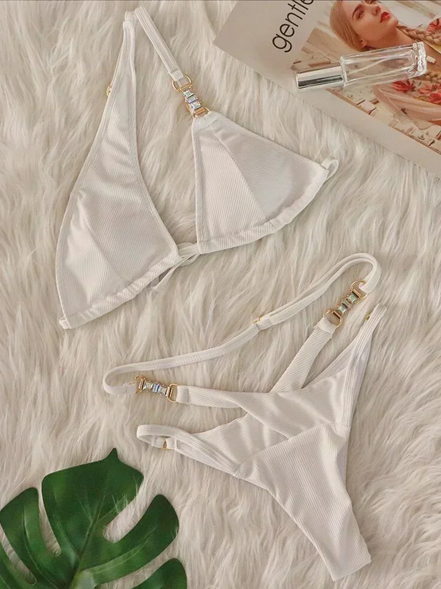 Bikinis de corte alto con diamantes, Bikini de un hombro, traje de baño femenino 2025, traje de baño para mujer, conjunto de Bikini de dos piezas, traje de baño acanalado para nadar