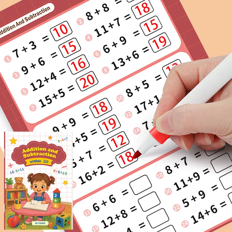Arithmetic Exercise Book for Addition and Subtraction Within 20, 32 Pages, Math Oral Calculation, Operation Enlightenment Book