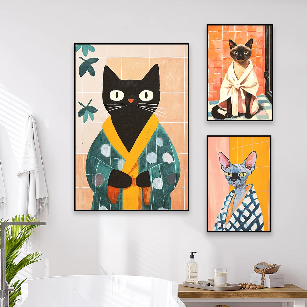 Munchkin Cat Bathrobe Art Print Matisse Style Poster Funny Bathroom Decor Cute Cat Lover Gift Pet Portrait Wall Art Canvas Print