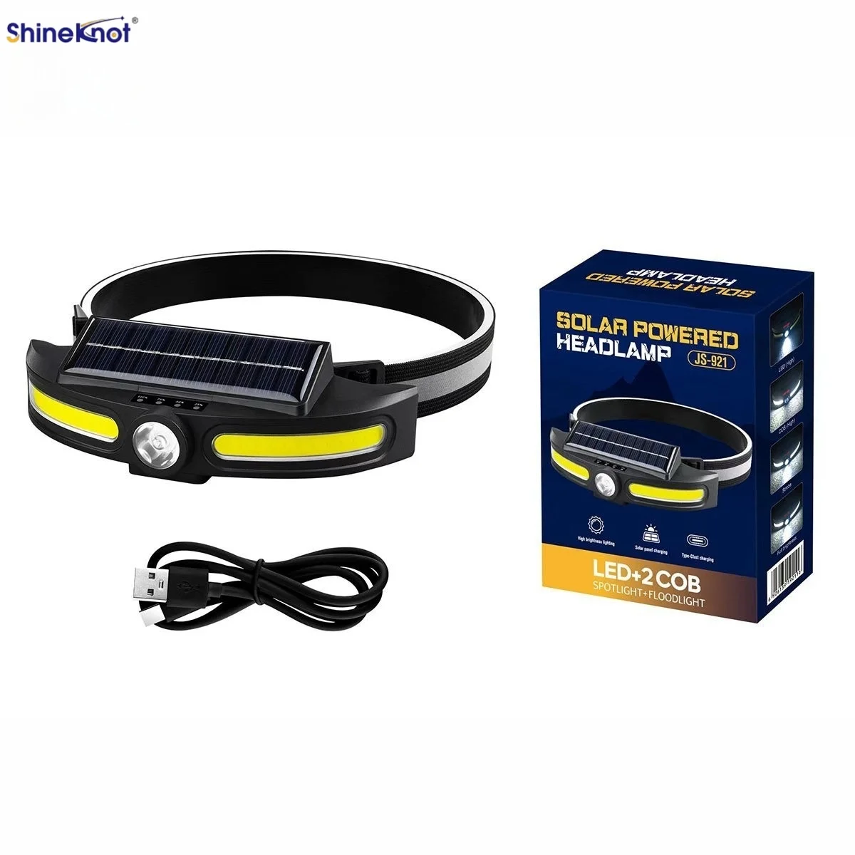 

Solar Powered LED Headlamp COB Work Lamp Waterproof Outdoor Searching Light Type-c Charging Portable Head Mounted Light 14500mAh