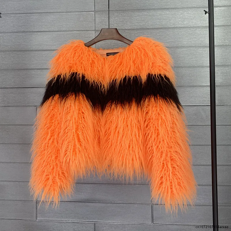 

2023 New Arrival Women Fashion Colorful Faux Mongolia Sheep Fur Coat Female Long Sleeve O-neck Fluffy Fur Furry Jacket