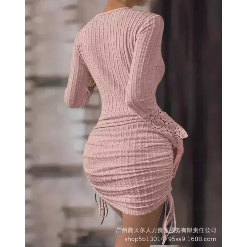 

Slim Dress Solid Color Drawstring Y2K Lace Sheath Dress Women Sexy Stitching Button Drawstring Long Sleeve Bodycon Dress