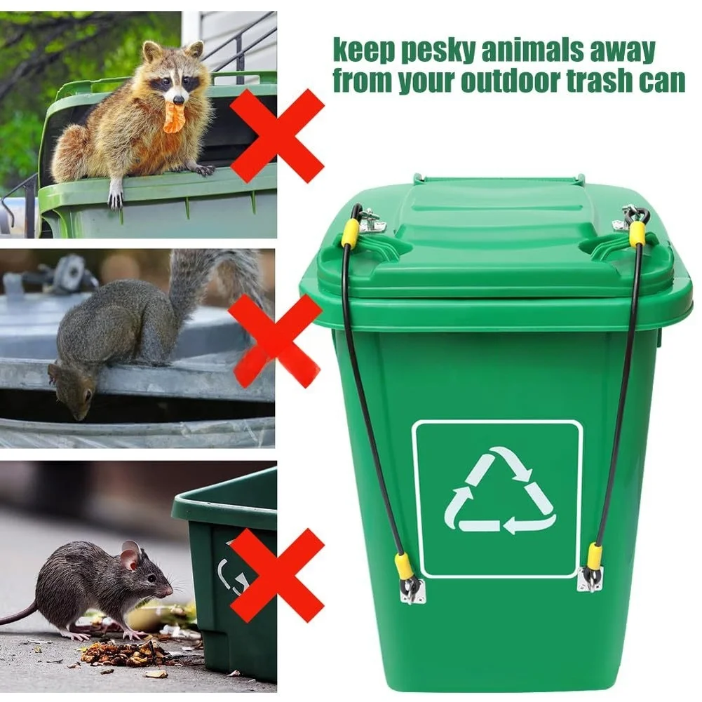 Outdoor Trash Can Lid Lock Solution Using Stainless Steel Components and Vinyl Coated Wire Rope to Block Animal Entry