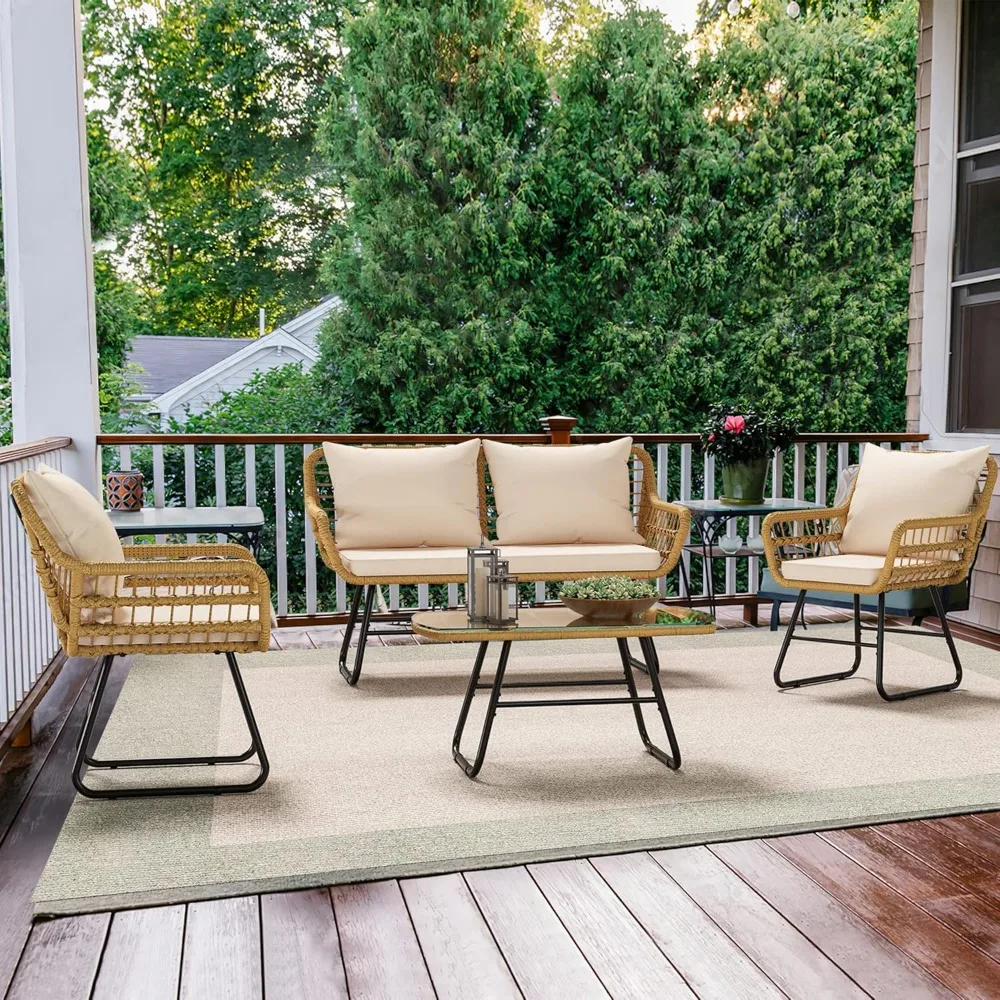 

Patio Furniture Wicker Outdoor Bistro Set, 4-Piece All Weather Patio Furniture Rattan Conversation Loveseat Sets for Backyard,