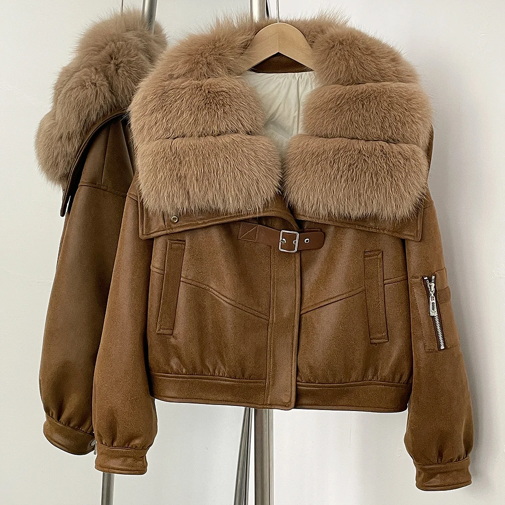 OFTBUY Vera Pelliccia Collo in pelliccia di volpe naturale Giacca corta in pelle scamosciata Abbigliamento invernale da donna Piumino soffice Cappotto spesso in piumino d'anatra femminile