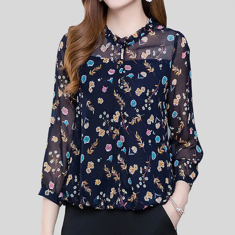 Blusa de chifón Floral de gran tamaño con volantes estampados Vintage ropa de mujer 2022 otoño nuevos jerséis informales sueltos camisa que combina con todo