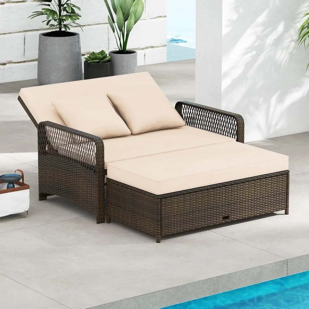 

Patio Adjustable Wicker Daybed, Rattan Loveseat & Storage Ottoman w/ 4-Level Backrest & Soft Cushions, Space-Saving 2-P