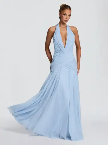 Women Halter Deep V Neck Chiffon Dress Ruched Wrap Bodice Open Back Tie Back A Line Floor Length Gown Prom Evening Party Dresses