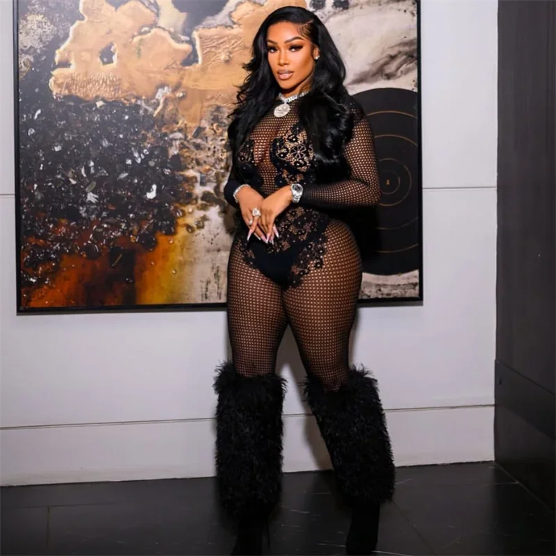 ตาข่ายดูผ่านBodycon Romperผู้หญิงJumpsuitเซ็กซี่คลับชุดMidnight Hollow OutผอมแขนยาวOneชิ้นOveralls