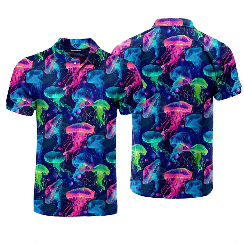 3D Printed Jellyfish Pattern Polo Shirts For Men New Summer Fashion POLO Shirt Neon Marine Animal Hip Pop Y2k Male Button Tops