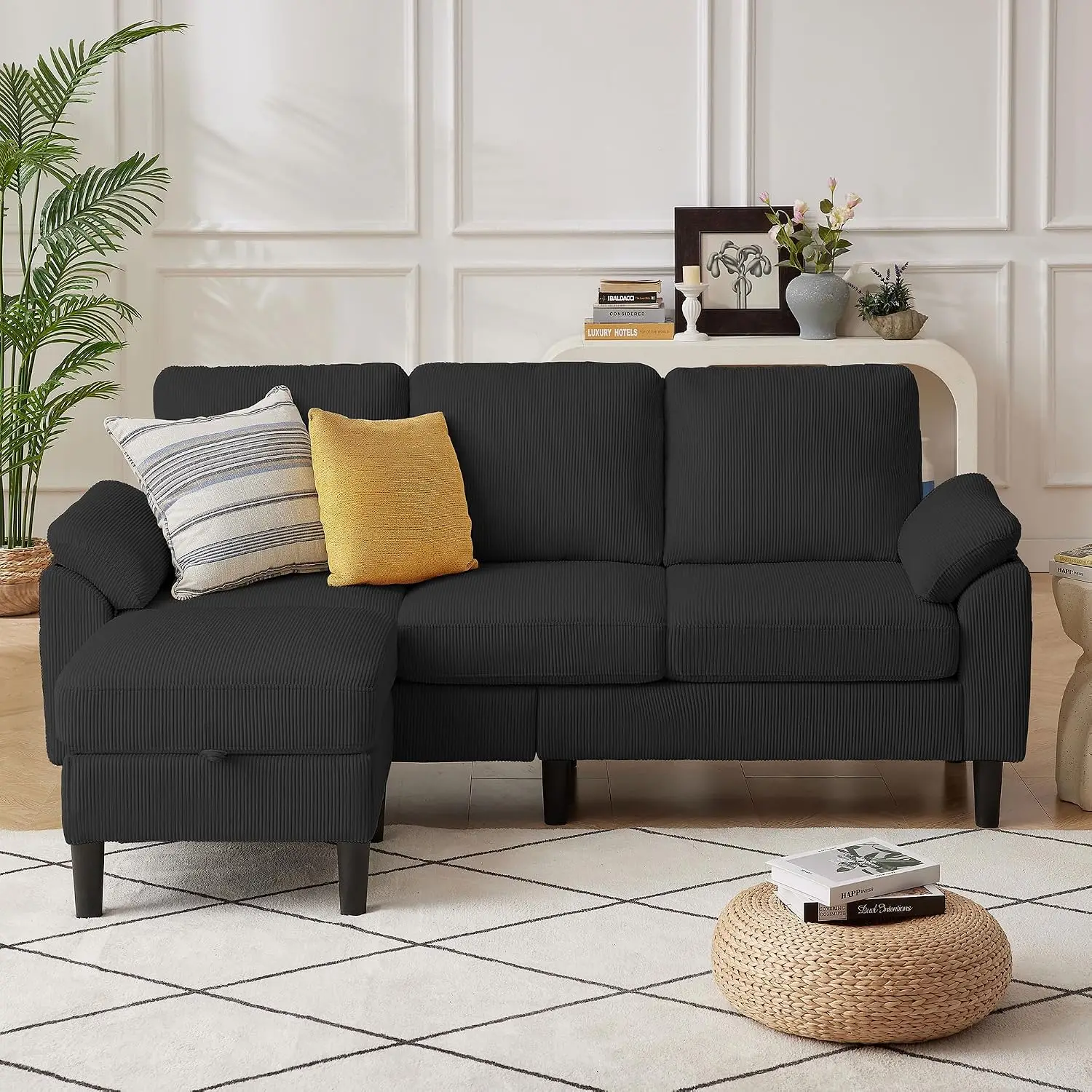 80''L Corduroy Sectional Sofa with Storage Ottoman, Washable Covers, Side Pockets, 3-Seater Living Room Couch, Customized