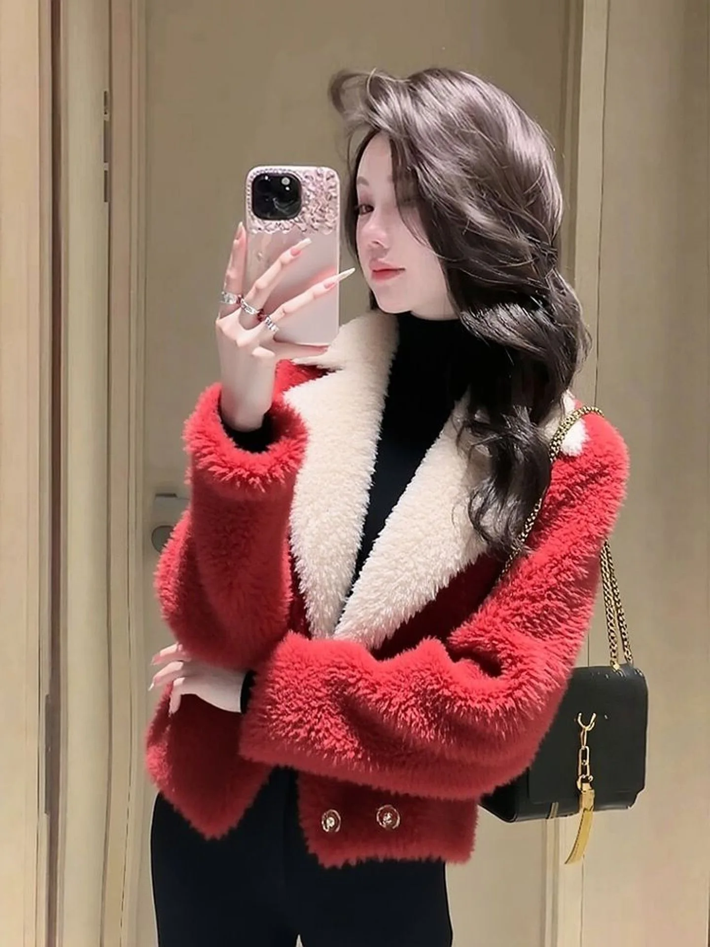 

Lamb Fur Jaet Women's Thiened Luxury Sle New Year Red Outerwear Warmth Guaranteed Faionable Top for Ladies