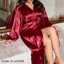 Plus Size 5XL Female Long Robe Sleepwear Spring Summer New Kimono Bathrobe Gown Loose Casual Silk Satin Home Dress Lounge Wear