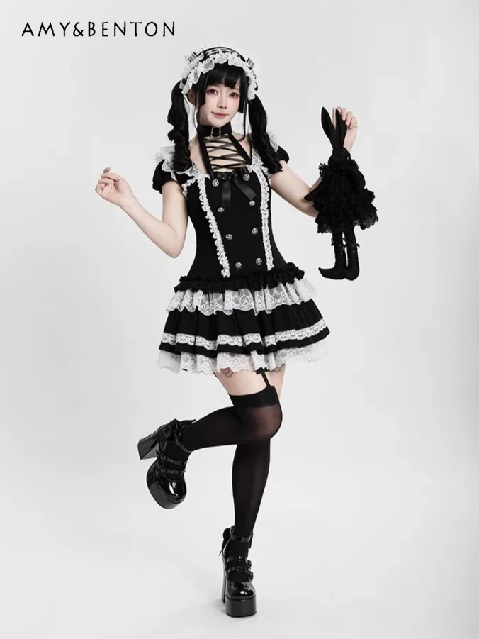 

Vintage Court Style Goth Dark Lace Slim Low Waist Cake OP Dress Lolita Style Subculture Off-the-shoulder Long-sleeved Tutu Dress