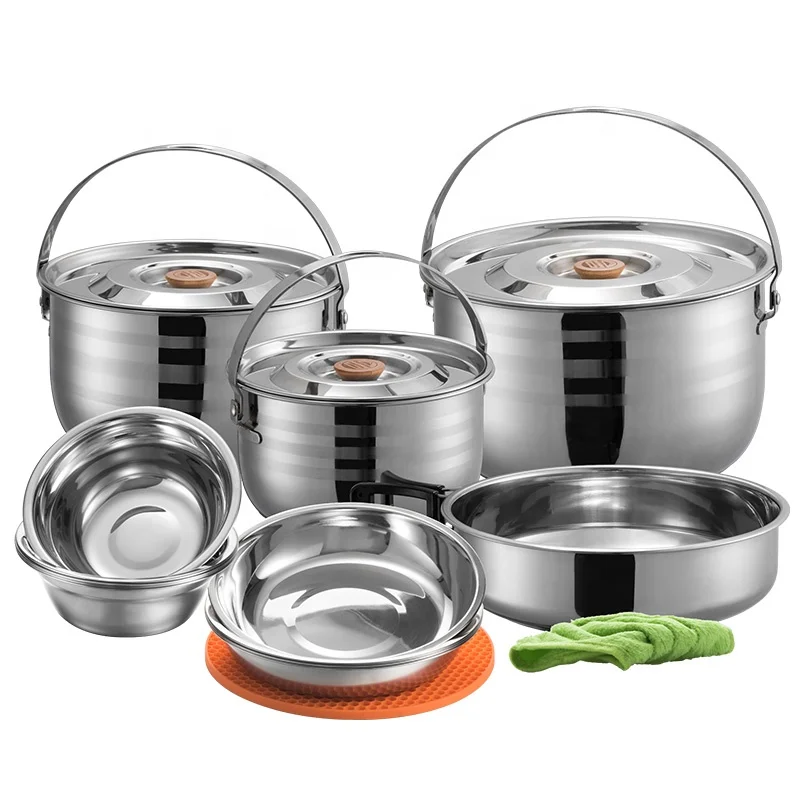 

Multi-Function Stainless Steel Cookware Outdoor Camping Hiking Pot Portable Outdoor Pan Bowl 8-Person Picnic Set Pot