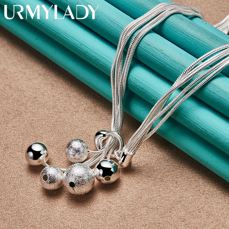 URMYLADY 925 Sterling Silver Smooth Frosted Beads Multi Snake Chain 18 Inch Necklace For Women Wedding Party Fashion Jewelry