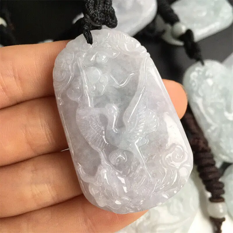 Natural Genuine Green A Jade Jadeite Bird Pendant Crane Xiangyun