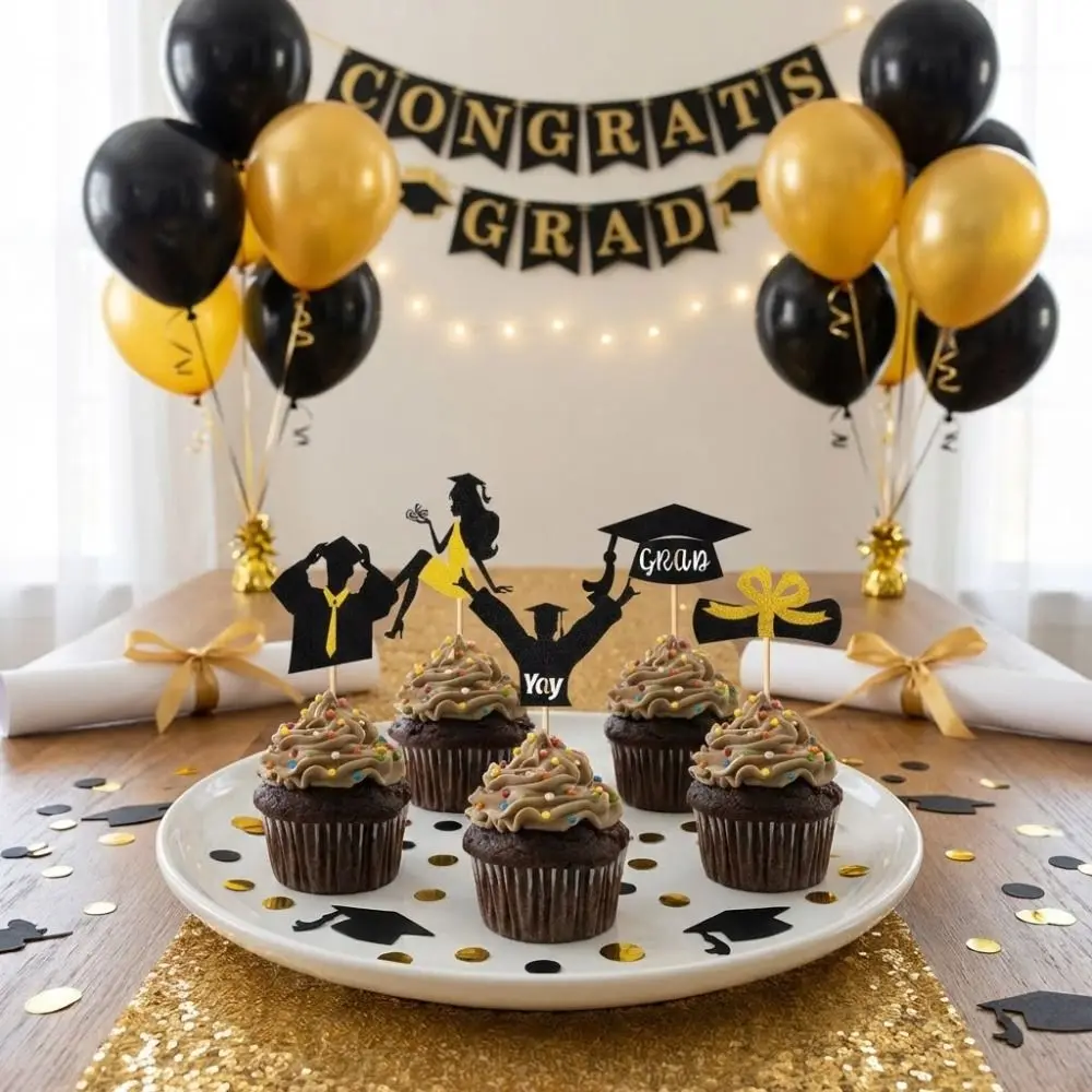 24 Adornos para Cupcakes de Graduación Clase de 2026, con Brillo, Reutilizables, con Diseño de Diploma y Birrete de Graduación, 6 Estilos, Decoración para Pasteles de Fiesta