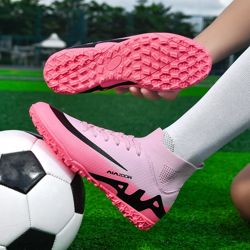 

Unisex Football Boots Original Pink Women High Ankle Sports Shoes FG/TF Youth Cleats Professional Men occer Training Sneakers