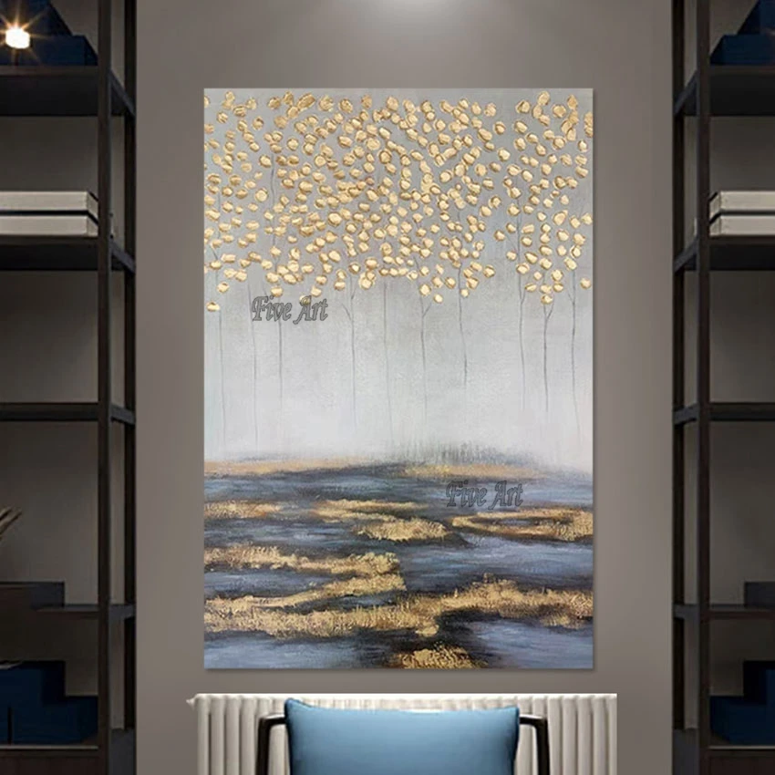 

Текстурированная картина на холсте с золотой фольгой, безрамная, абстрактные пейзажные произведения искусства, современные картины маслом, пейзаж дерева, художественная стена