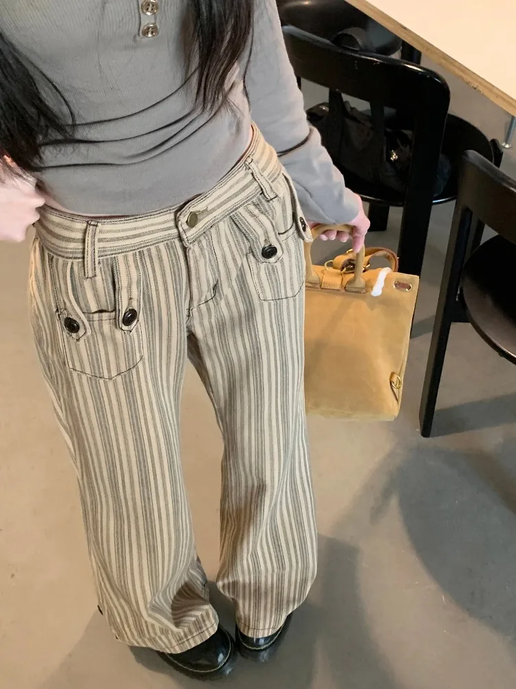 Y2K Jeans vintage da donna Old Money Pantaloni skinny in denim a righe a vita bassa Moda retrò coreana chic