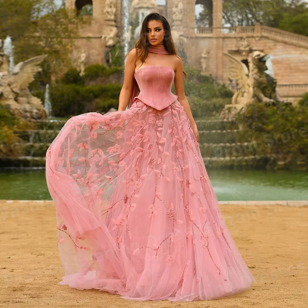 Luxurious Women A Line Evening Dresses Strapless Appliques Prom Gowns Robe De Soirée Customized Sleeveless Vestidos Para Mujer