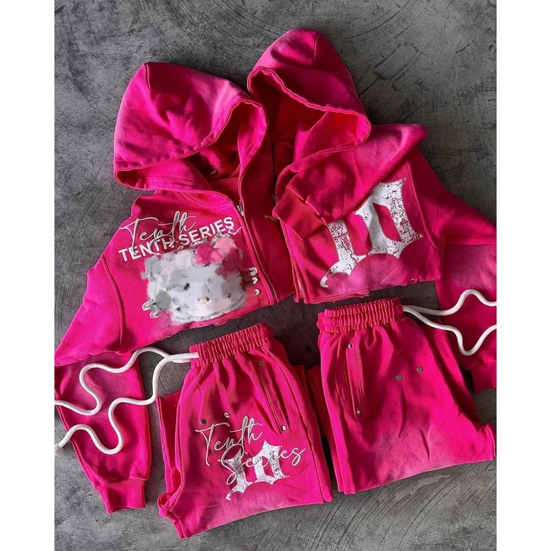 

New Streetwear Zipper Hoodie Gothic Cartoon Embroidery Pink Loose Sweatshirt 2 Piece Set Womens Loose Harajuku Casual Sweatpants