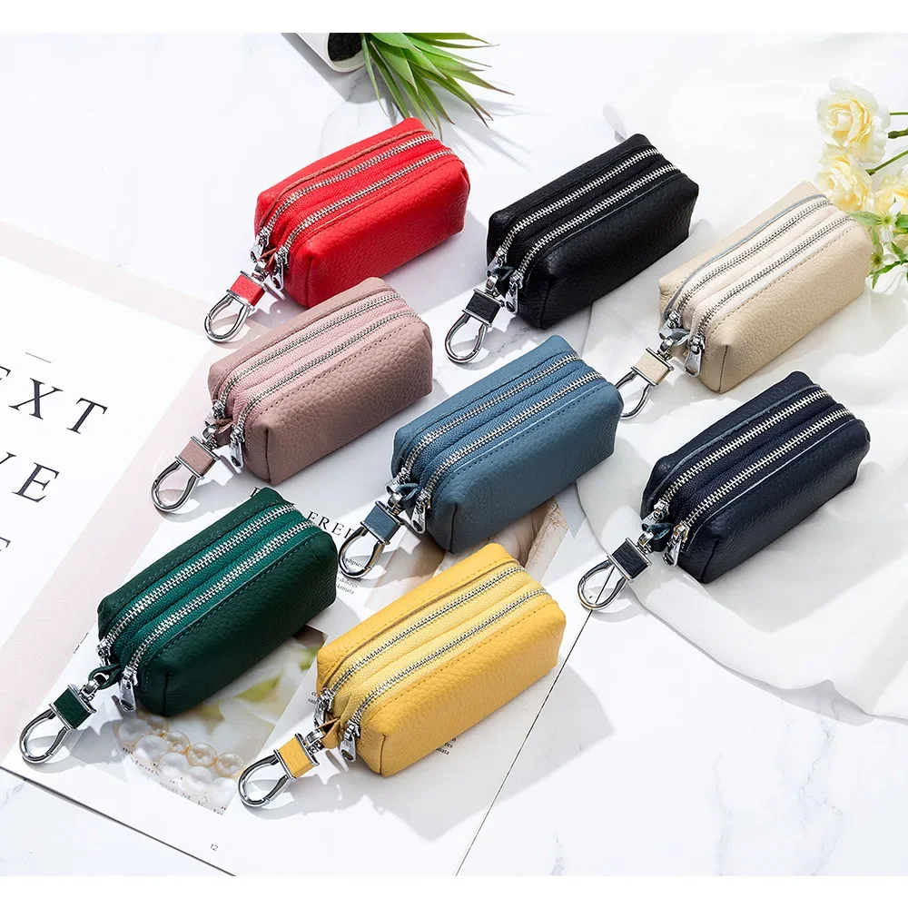 Genuine Leather Key Wallets Unisex Key Bag Men Car Key Holders Double Zipper Keychain Case Women Smart Housekeeper Change Purse